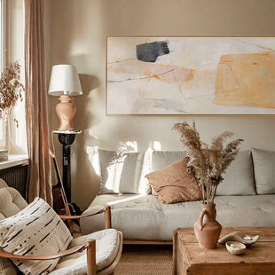 日式侘寂风客厅装饰画沙发背景墙壁挂画现代简约横幅抽象油画原木