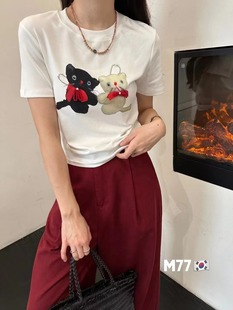 M77 夏季新款韩版卡通图案印花小个子辣妹修身显瘦短袖T恤女ins潮