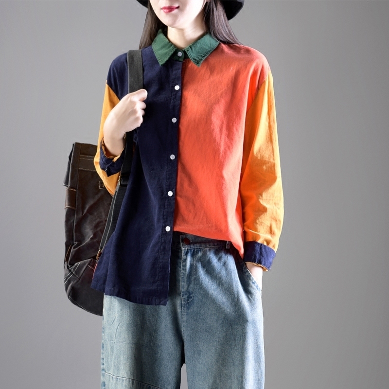 Yuanyuan U.S. clothing Autumn new pattern literature fresh Corduroy Hit color stitching Long sleeve shirt Lapel Base coat shirtin the Women's clothing/Boutique , Shirt category - from Buy2taobao.com to provide professional Taobao agent buy service