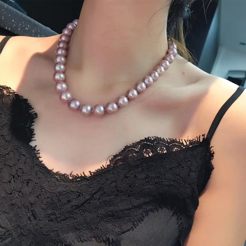 珍珠鸟珠宝12-15mm淡水紫色珍珠项链正圆强光送妈妈婆婆节日礼物