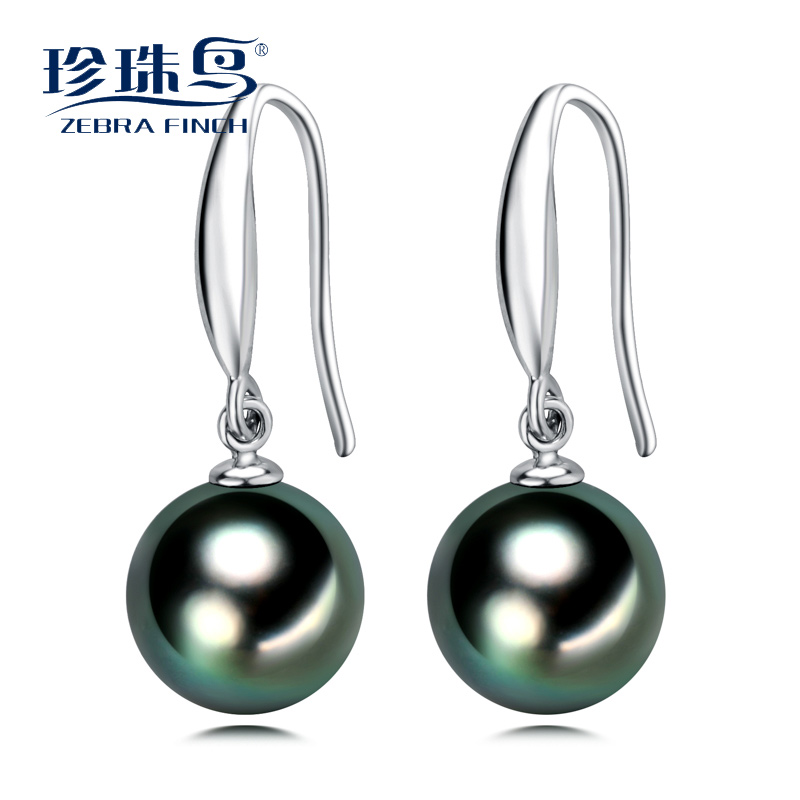 珍珠鸟珠宝配G18K金9-10mm大溪地黑珍珠正圆强光几乎无瑕气质耳环