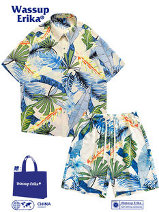 WASSUP ERIKA夏威夷风衬衫套装男夏季度假休闲短袖短裤海滩花衬衣