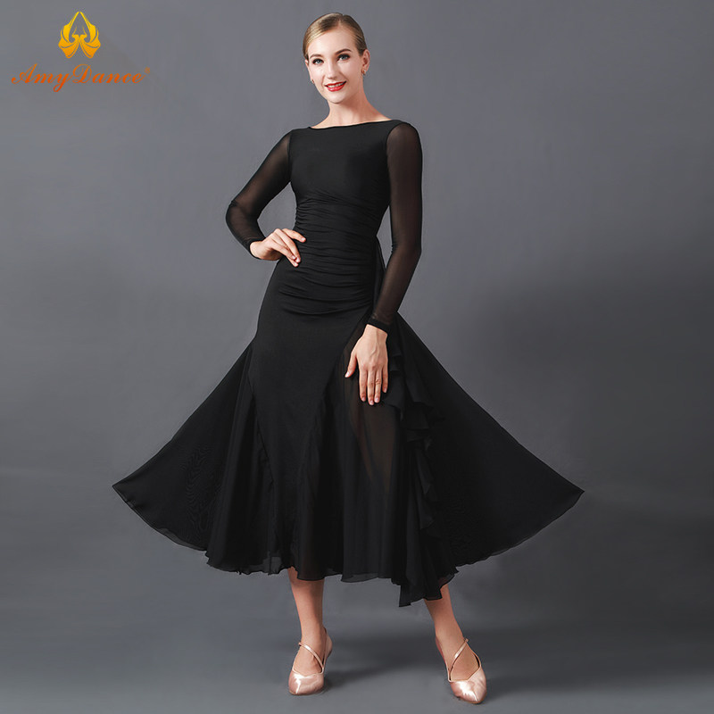 艾美舞服交际舞大摆连衣裙修身抽褶交谊舞演出服长裙女士摩登舞裙