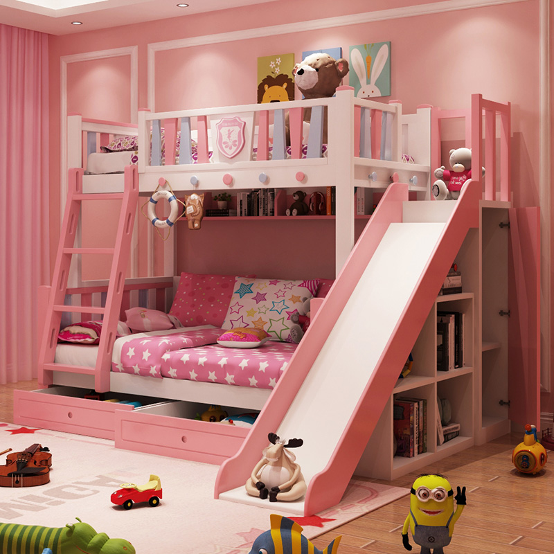 全实木上下床儿童子母床粉色女孩公主多功能组合小孩滑滑梯高低床