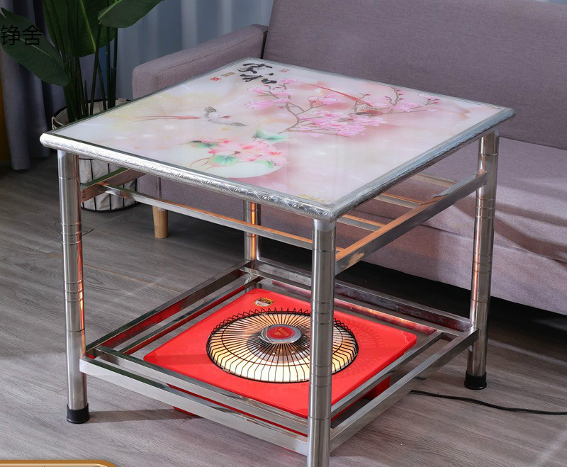 不锈钢烤火桌子家用组装多功能取暖棋牌吃饭可折叠餐桌加厚正方形