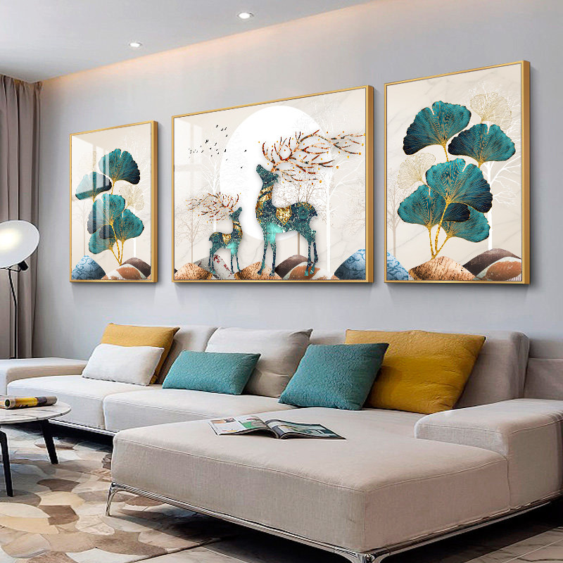 现代简约客厅装饰沙发背景墙壁画挂画墙画轻奢大气北欧晶瓷三联画