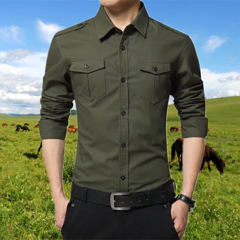 秋款军旅风军绿色衬衫男士衬衫工装纯棉户外修身肩章长袖衬衣男装