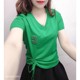 t恤女2024夏季新款时尚V领短袖洋气减龄宽松体恤纯色显瘦绿色上衣