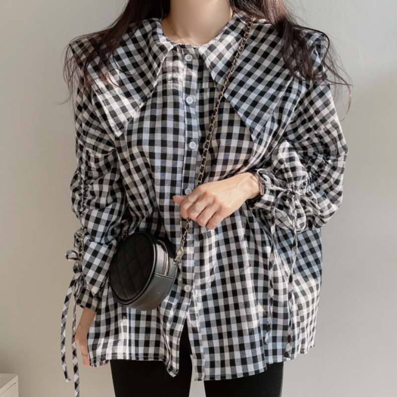 韩国chic春夏复古港味大娃娃领袖子抽绳洋气宽松格子衬衫上衣女