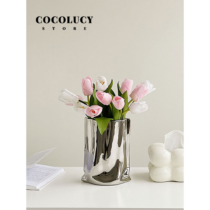 COCOLUCY电镀银色陶瓷褶皱花瓶高级感摆件轻奢客厅插花餐桌装饰品