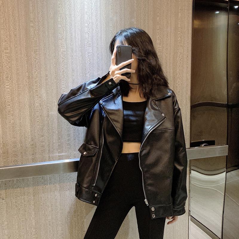 春秋2019新款网红黑色皮衣外套女韩版宽松百搭bf机车服夹克上衣