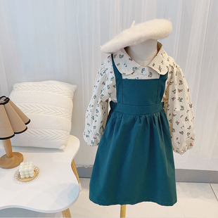 韩国套装22秋装新款韩版女童背带裙+碎花娃娃衬衫棉麻长袖连衣裙