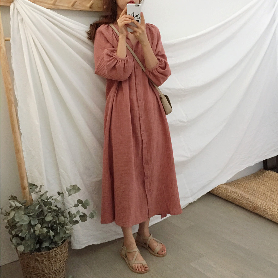 原久美子韩系chic风田园系少女温柔单排扣纽扣腰间系带显瘦连衣裙