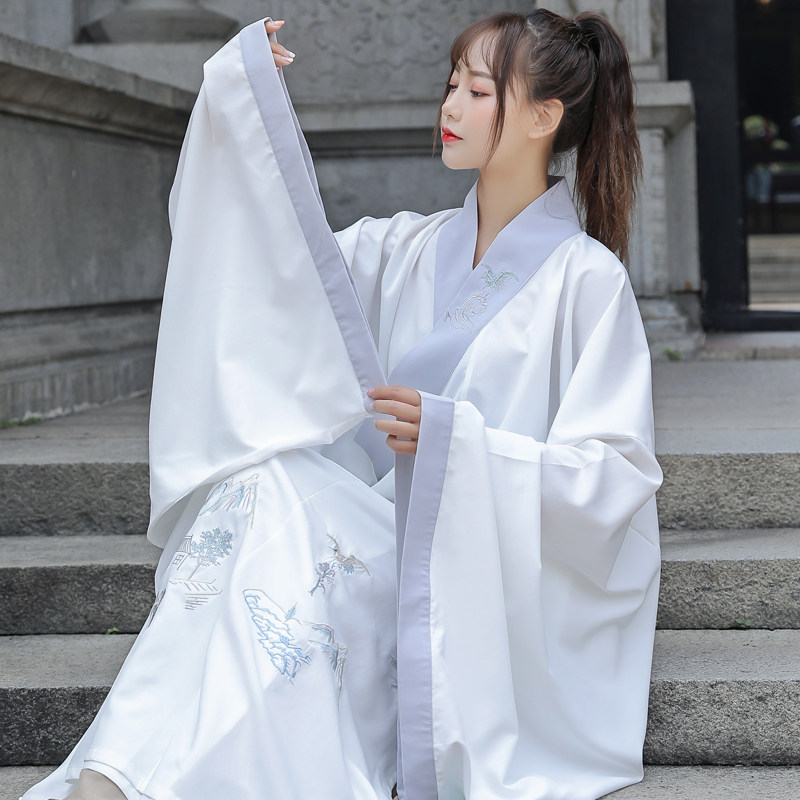 改良男女汉服山水古装交领长衫汉服套装仙女侠客书生茶艺情侣套装 - 1