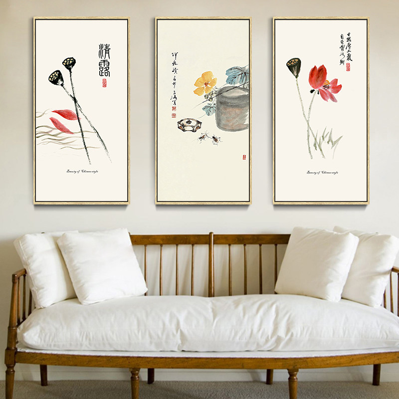 新中式客厅装饰画沙发背景墙挂画齐白石国画中国风水墨画玄关壁画