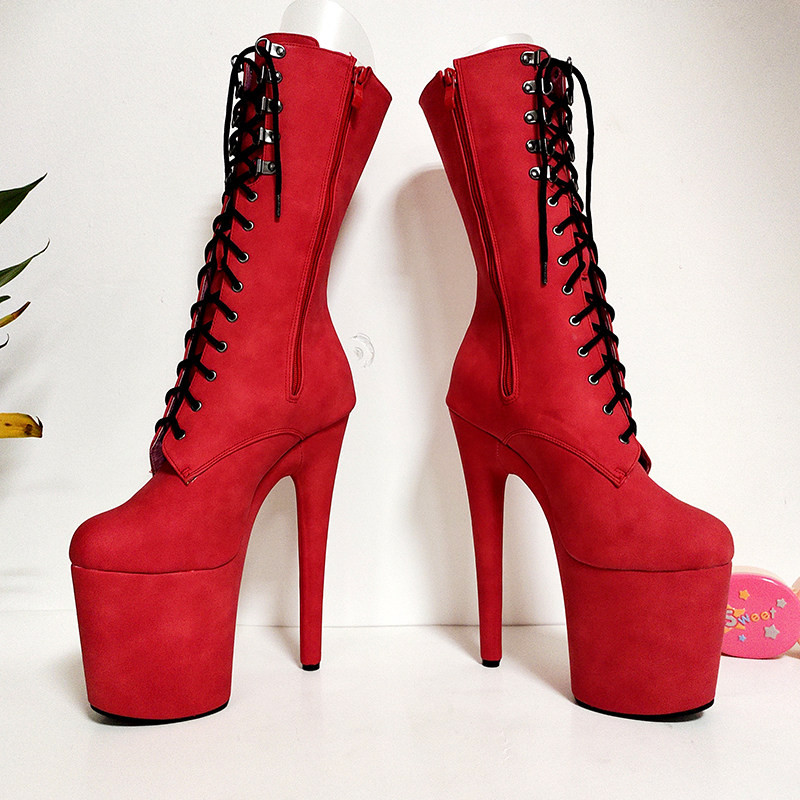 20公分春秋绒面恨天高短靴红色高跟靴防水台靴子新款时尚超高跟靴