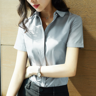 职业衬衫女夏款短袖法式浅灰色衬衣设计感小众工作服工装薄款正装