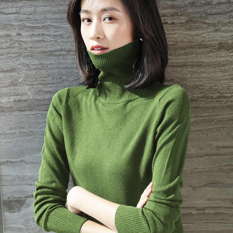 2021秋冬新款高领毛衣女修身黑绿色上衣长袖堆堆领内搭打底针织衫