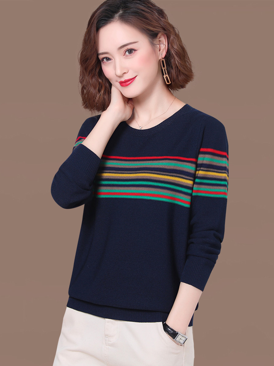 彩虹条纹毛衣女士新款2021今年上衣薄款早秋冬季春秋季打底针织衫
