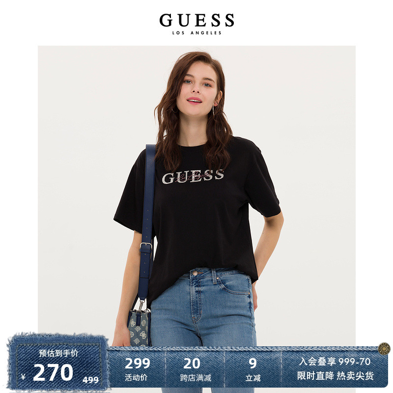 GUESS女宽松柔软舒适烫钻纯棉圆领正肩T恤上衣-W3PP52K2Q40