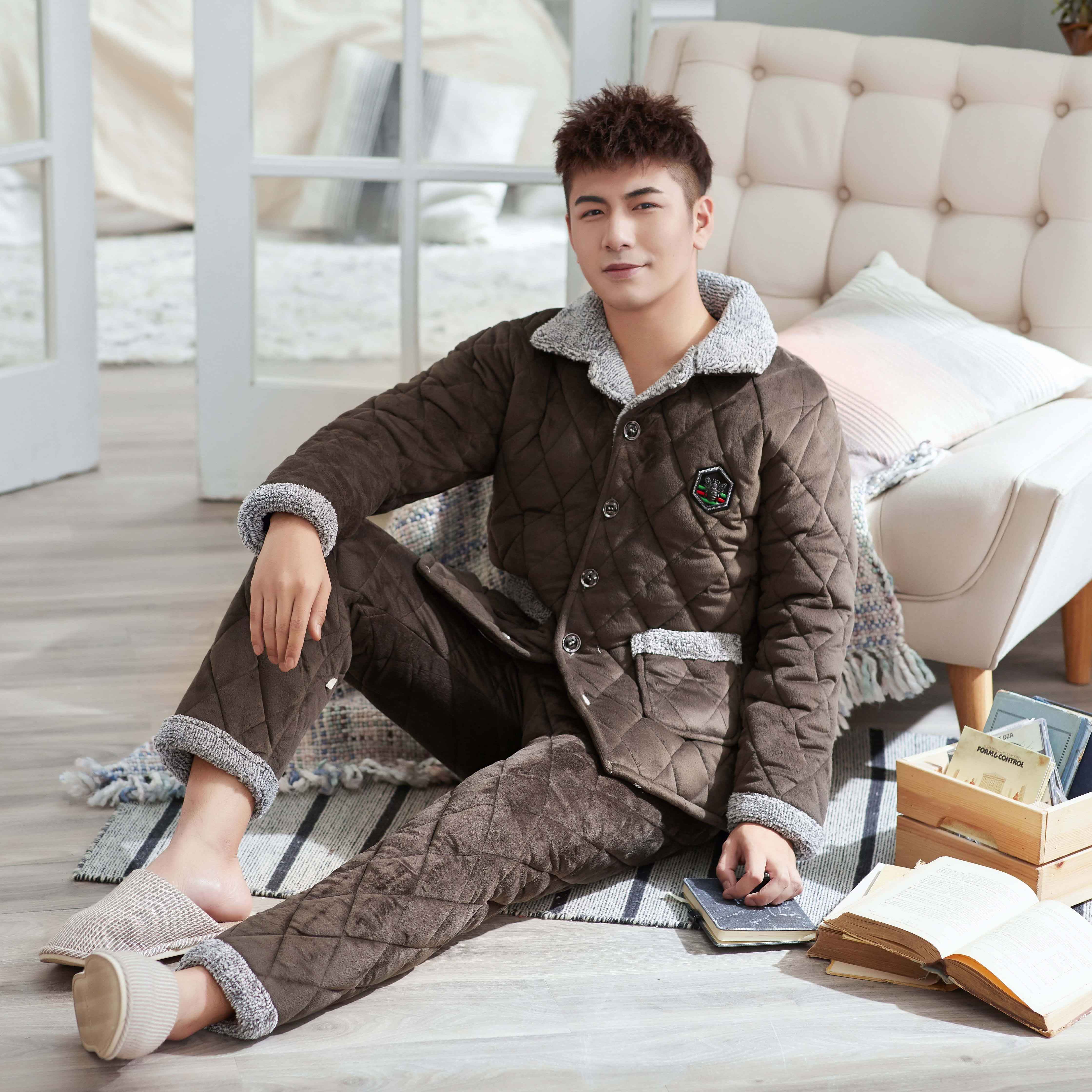 冬季男装三层加厚加绒珊瑚绒夹棉睡衣单件上衣冬装法兰绒保暖棉衣