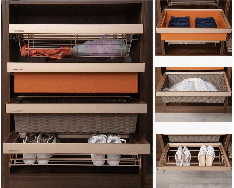 衣帽间拉篮衣柜收纳伸缩阻尼藤篮推拉缓冲鞋架衣物篮储物篮抽屉式