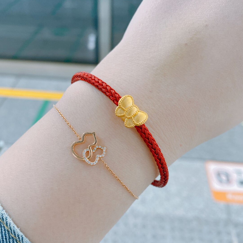 黄金红绳手链女999足金蝴蝶结编织本命年手绳520情人节礼物送女友
