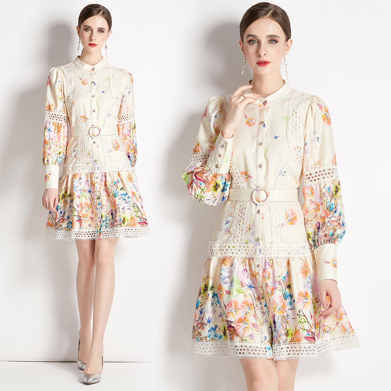 PF19311#新款欧洲站立领短裙长袖印花a字裙赠腰带女裝貨源服裝批發