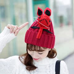 韩版秋冬帽子女士甜美可爱小怪兽针织帽冬季保暖小恶魔毛线帽潮