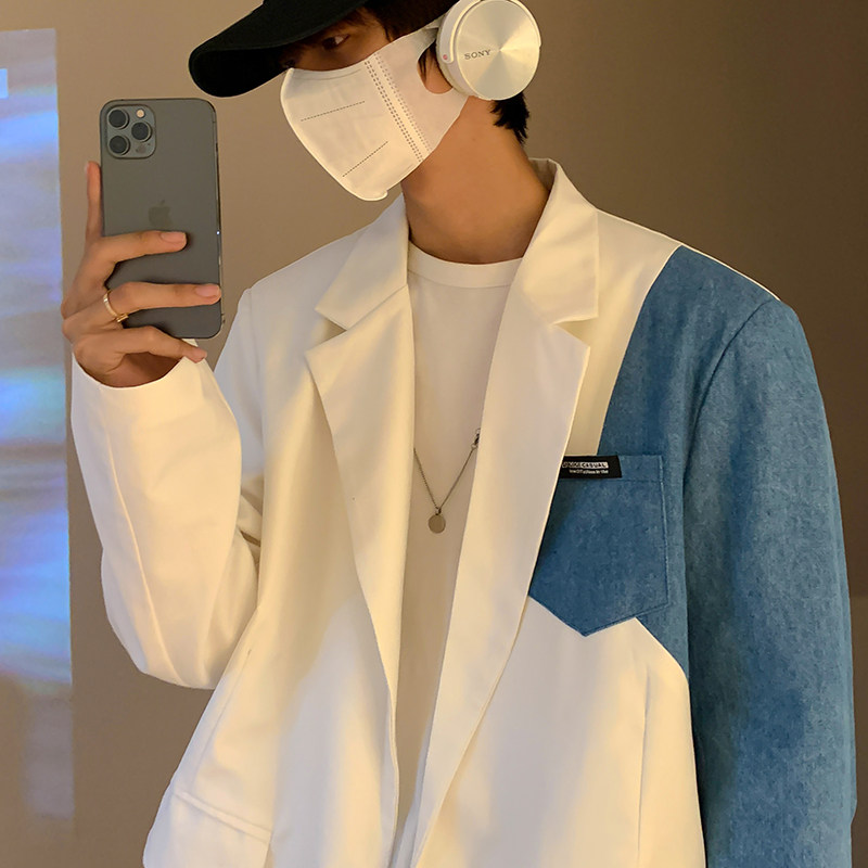 高级感西服男拼接牛仔西装外套ins痞帅oversize轻熟风男装上衣潮