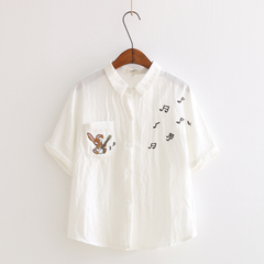 2016夏季新款上衣可爱刺绣兔子音符口袋打底短袖衬衫女日系森女系