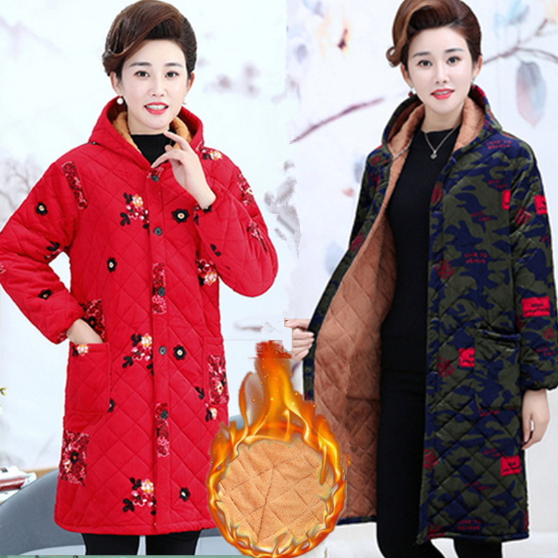 妈妈装新款冬装中长款棉罩衣加绒耐脏女装保暖外套棉服中老年棉袄