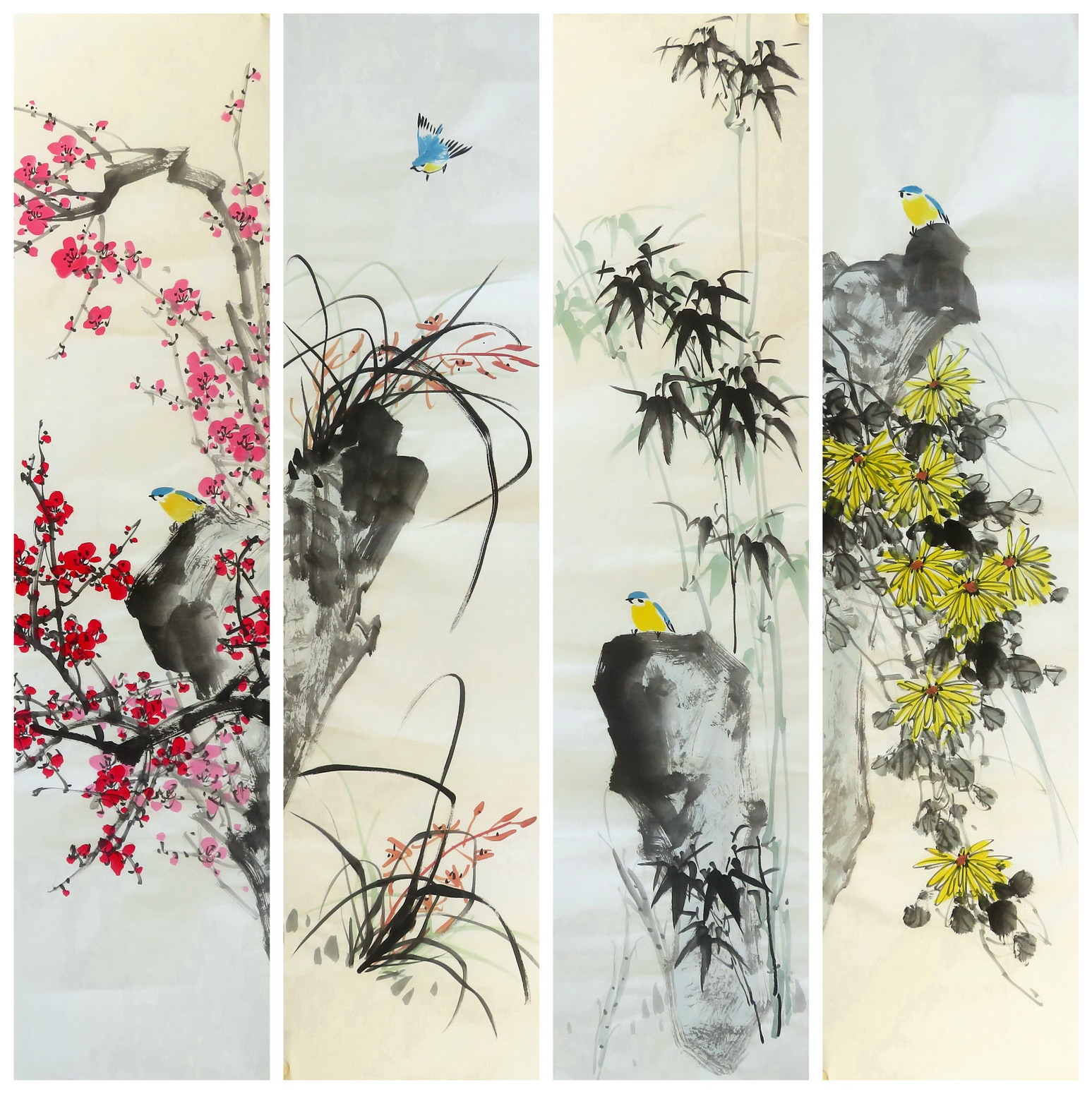 墨香村特价国画字画花鸟纯手绘四尺对开梅兰竹菊套画四条屏23