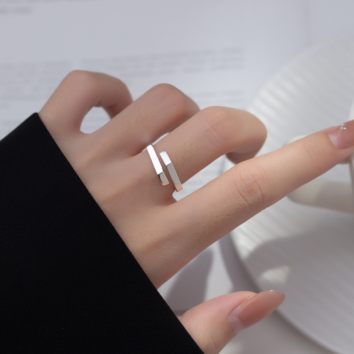 爱洛奇 s925纯银简约六边形开口戒指气质ins风个性男女式食指戒