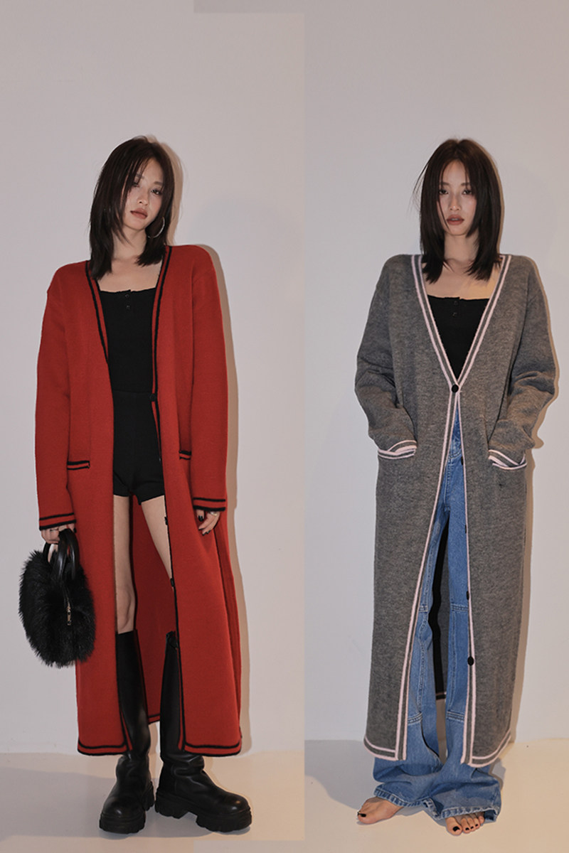 fresh up小香风毛衣女新款秋冬外穿中长款开衫外套宽松针织衫撞色