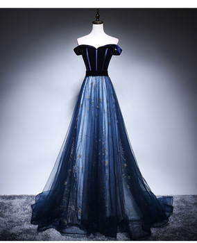 露肩深蓝色晚礼服裙2020高贵优雅端庄大气一字肩气质拖尾长款女