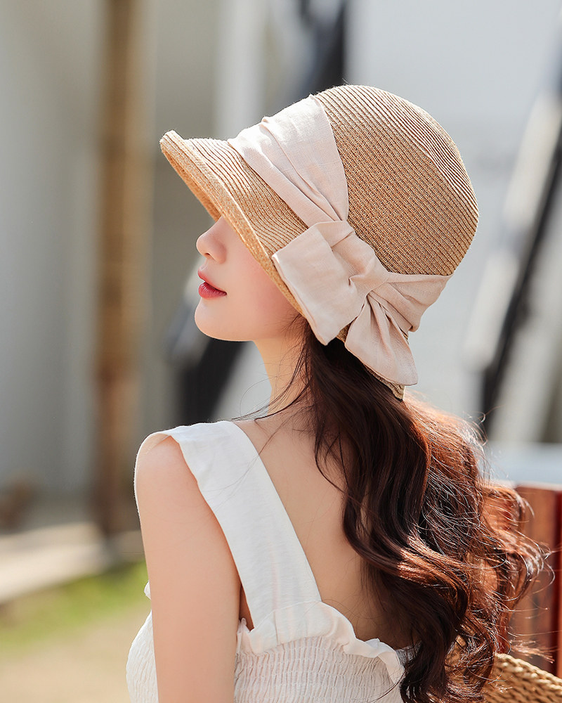 小沿草帽女夏天防晒帽海边沙滩帽蝴蝶结渔夫帽可折叠遮阳帽太阳帽