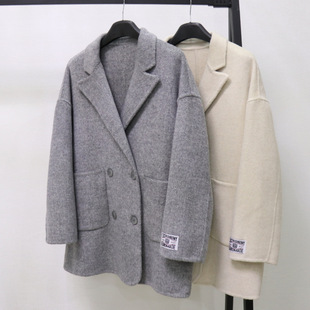 灰色双面羊绒大衣女2023新款小个子高级感气质显瘦西装羊毛呢外套