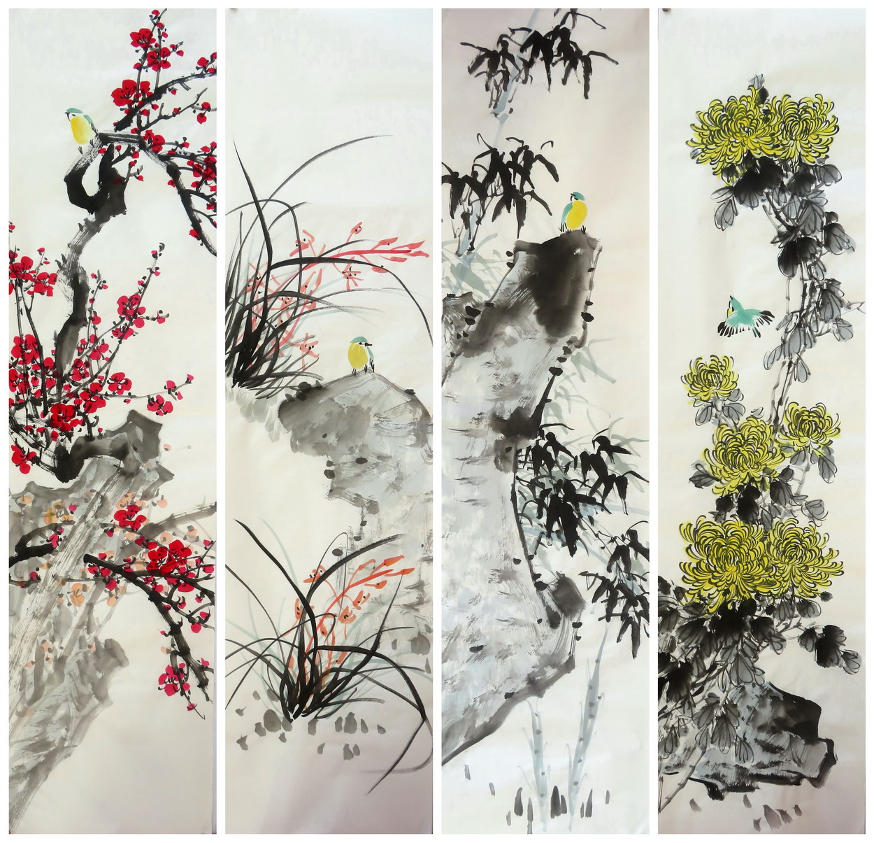 8墨锦轩特价国画花鸟纯手绘四尺对开梅兰竹菊套画四条屏aa14