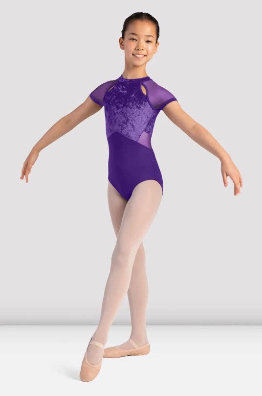 澳洲B家儿童12-14岁芭蕾形体服舞蹈练功体服丝绒网纱紫高领斜插肩