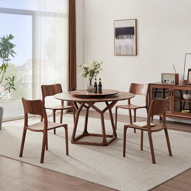 北美黑胡桃木圆桌实木餐桌椅组合轻奢家用饭桌餐厅家具6人新中式