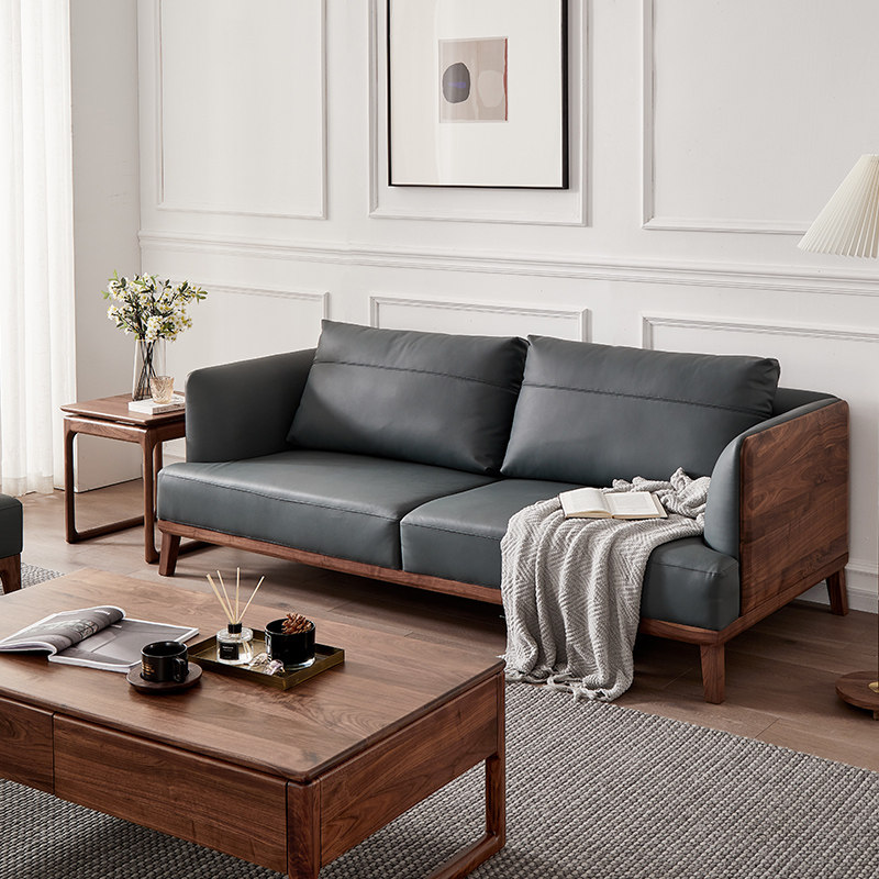 黑胡桃木沙发意式轻奢实木真皮沙发头层牛皮北欧客厅原木奢华家具