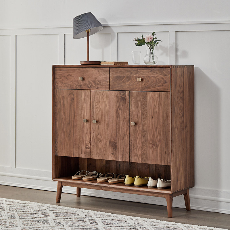 黑胡桃木实木鞋柜家用一体靠墙门厅柜鞋橱收纳柜子新款门口玄关柜