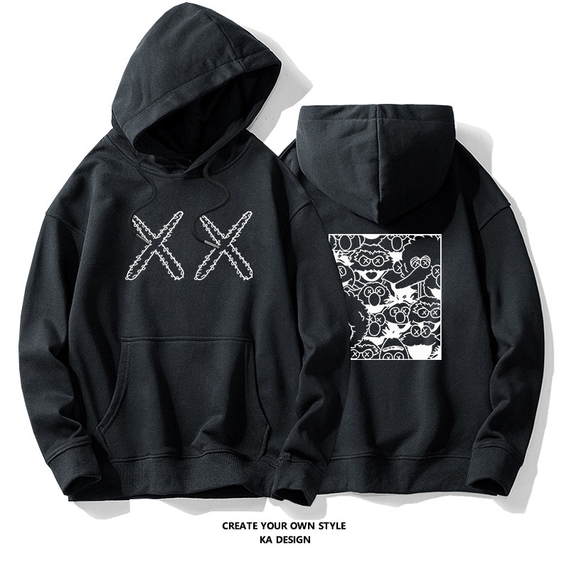 kaws芝麻街xx联名卫衣男连帽宽松加绒加厚秋冬款潮流帽衫ins男女