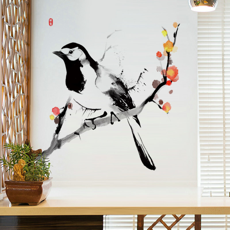 中式水墨画装饰品自粘墙贴纸中国风手绘花鸟画布置客厅书房墙贴画