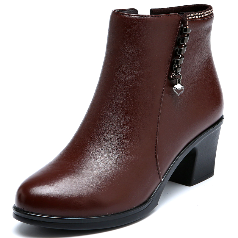 秋冬妈妈鞋真皮粗跟女士皮鞋单靴中跟中年女鞋妇女鞋子舒适百搭鞋