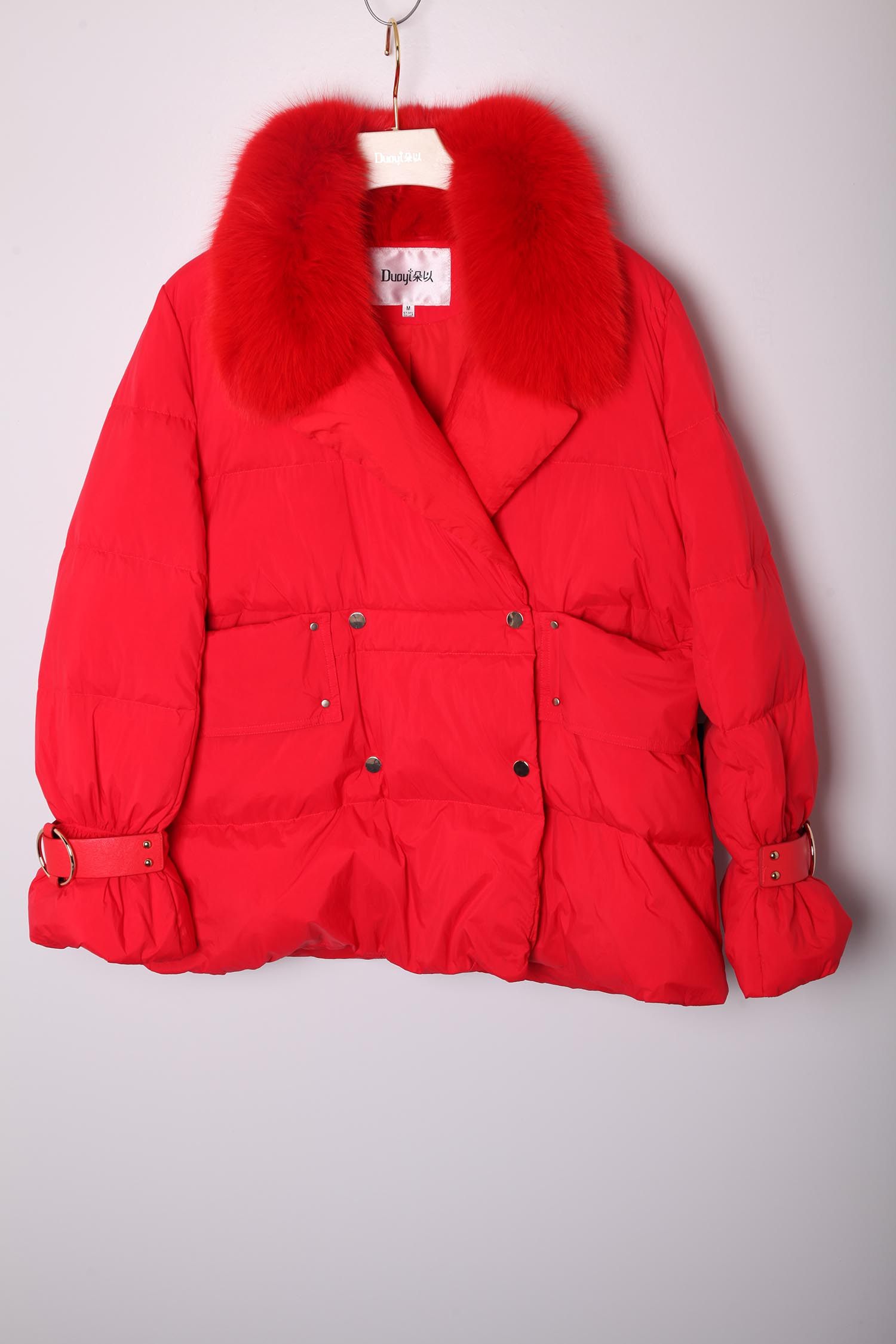 短款朵以正品冬季新品气质皮带大毛毛领双排羽绒服