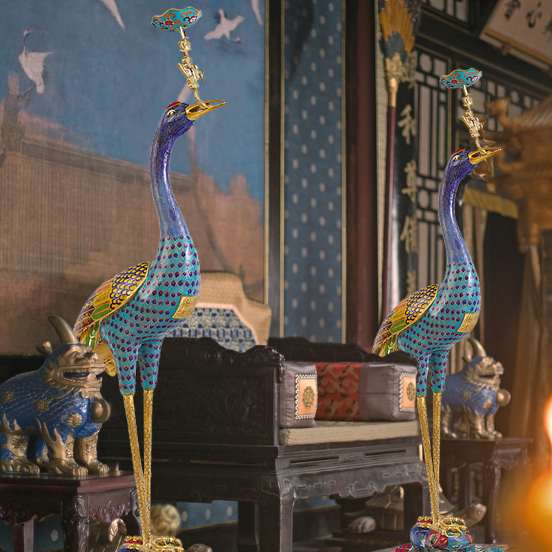 中式家居装饰古风纯铜仿古故宫廷景泰蓝珐琅仙鹤烛台落地摆件整对