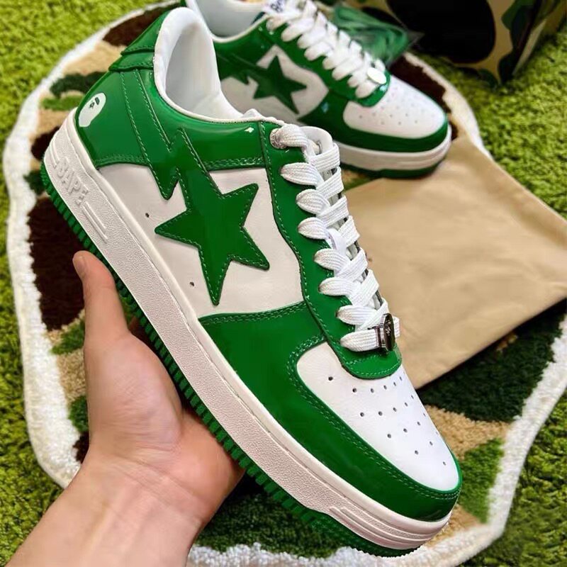 特价运动鞋漆面_bape sta绿色板鞋联名猿人街头潮流漆面低帮休闲滑板