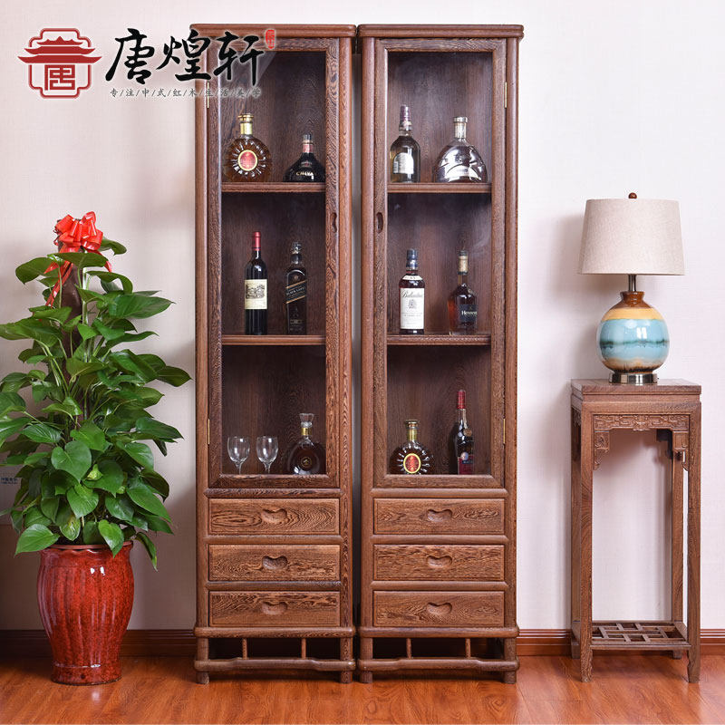红木家具鸡翅木酒柜客厅靠墙新中式展示柜实木玻璃酒柜陈列单门柜